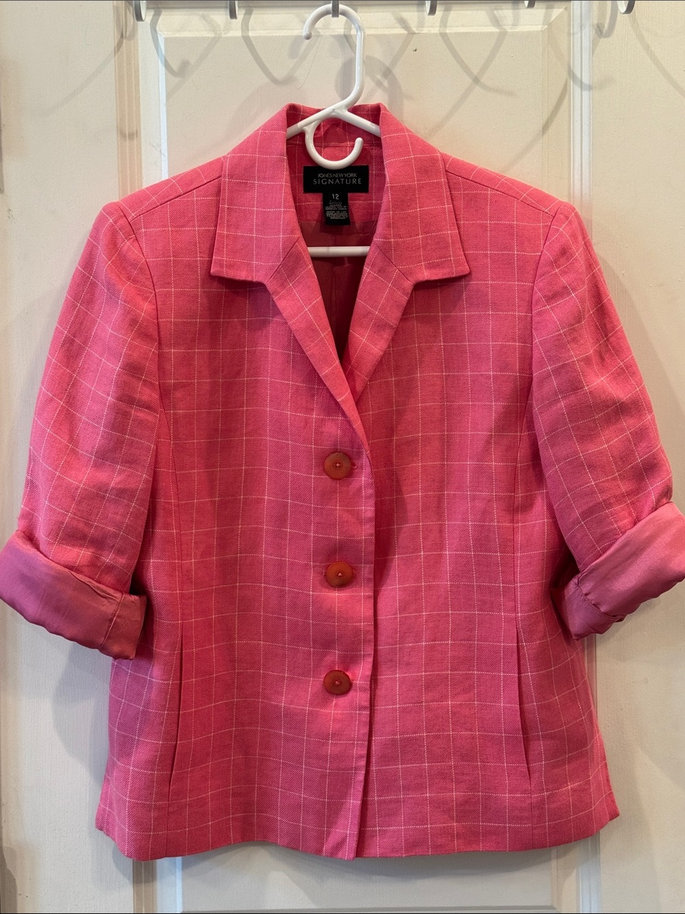 Vintage 90s Bubblegum Barbie Pink Linen Blazer Jones New York Plaid Boxy Jacket